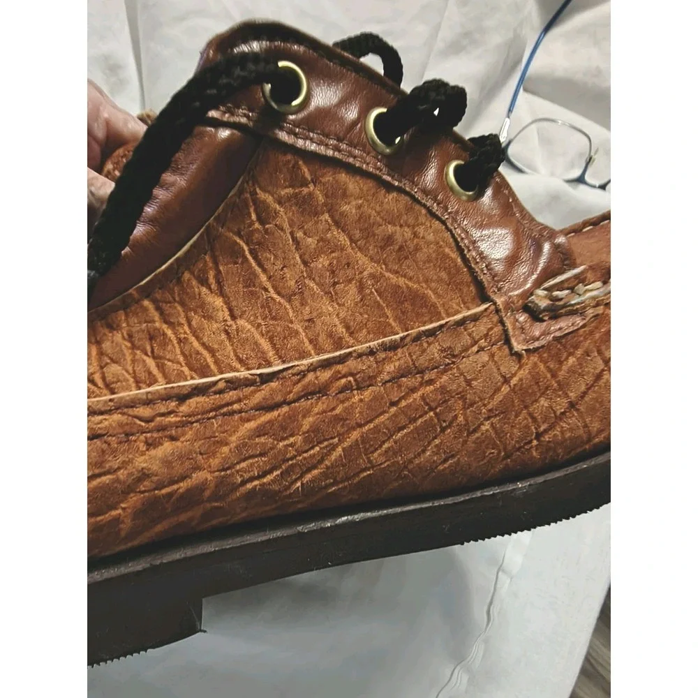 Russell Moccasin Co. 7.5 E Brown Exotic Leather Lace-Up Mens Fishing Boat EUC